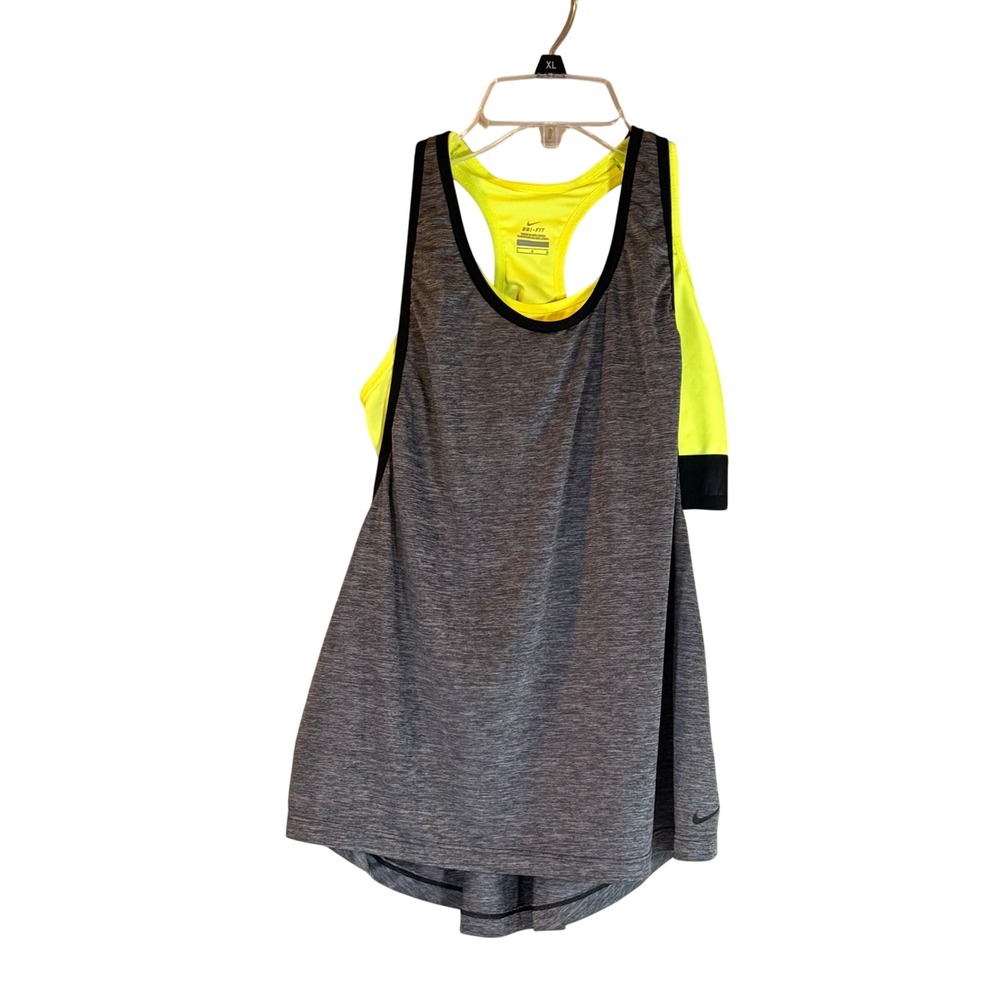 Nike 2-in-1 Tank Top Women L Gray Neon Yellow Dri-FIT Racerback Athleisure Gym - Picture 1 of 10
